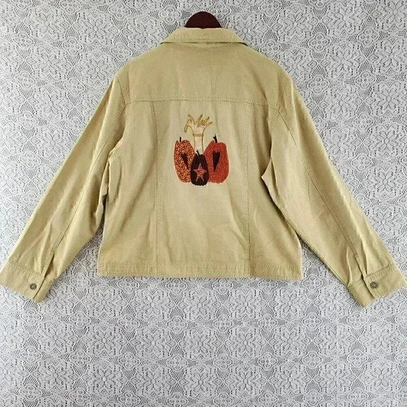 Vintage Lasolas Cotton Yellow Pumpkin Halloween Button Jacket Women's XL - Picture 1 of 11